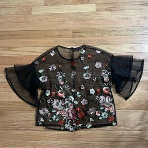 Haute Monde Sheer Embroidered Mesh Top Womens Large Black Floral Fairy Cottage